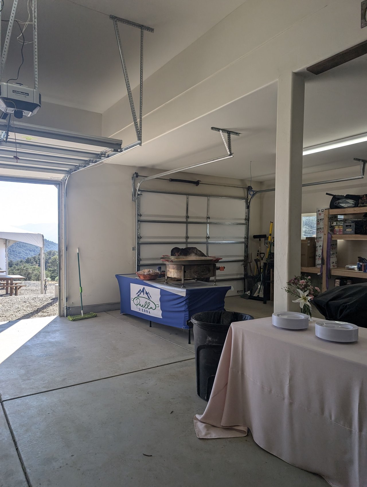 The garage with the dessert table before the party