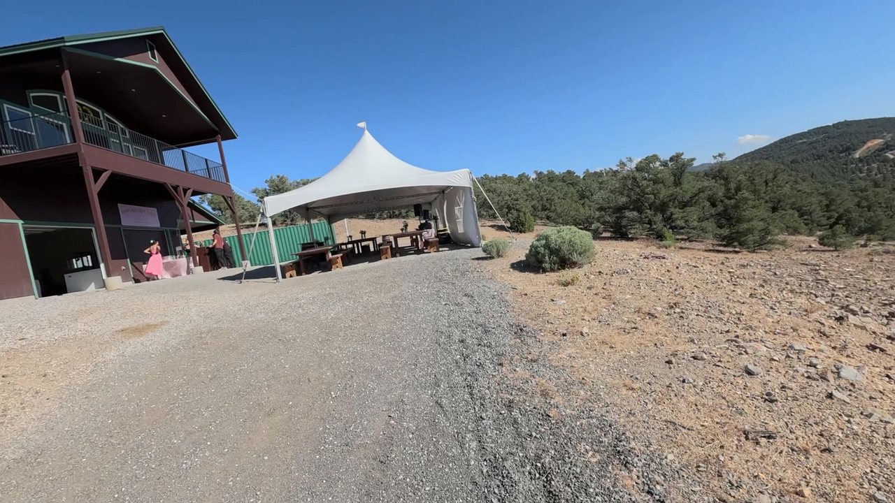 The white party tent beside the house in the Virginia City Highlands before guests arrived