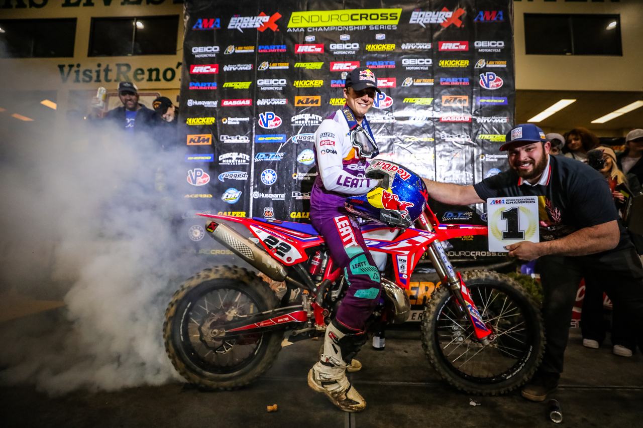 Jonny Walker doing a championship burnout with the number one plate, official AMA EnduroCross photo