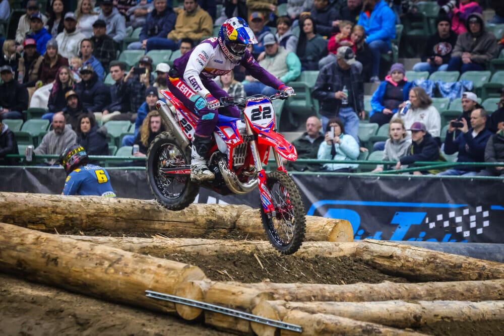Jonny Walker riding over the logs in front of the crowd, photo by Jack Jaxson for Cycle News