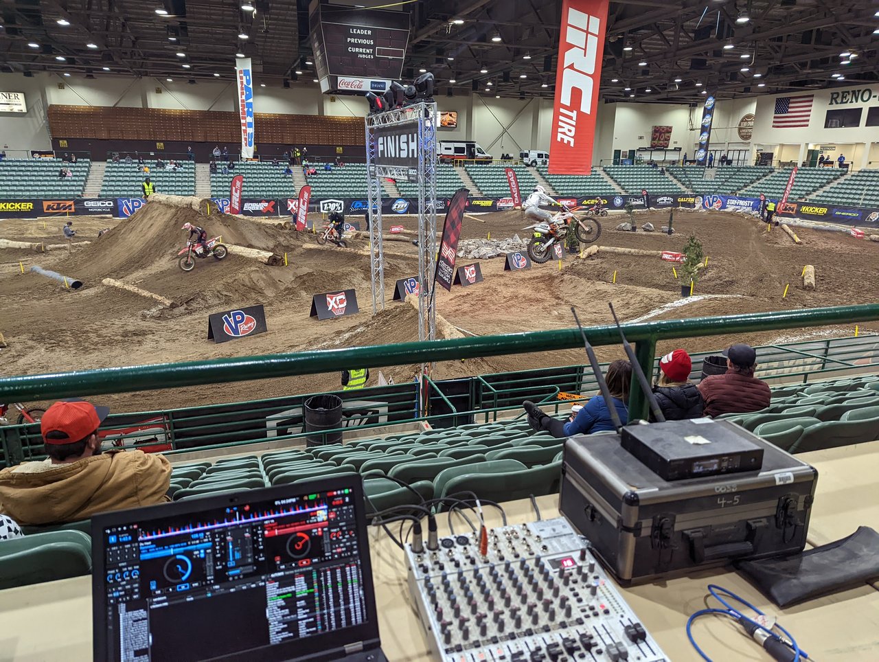 My DJ table at the rail as riders practice on the course before the show