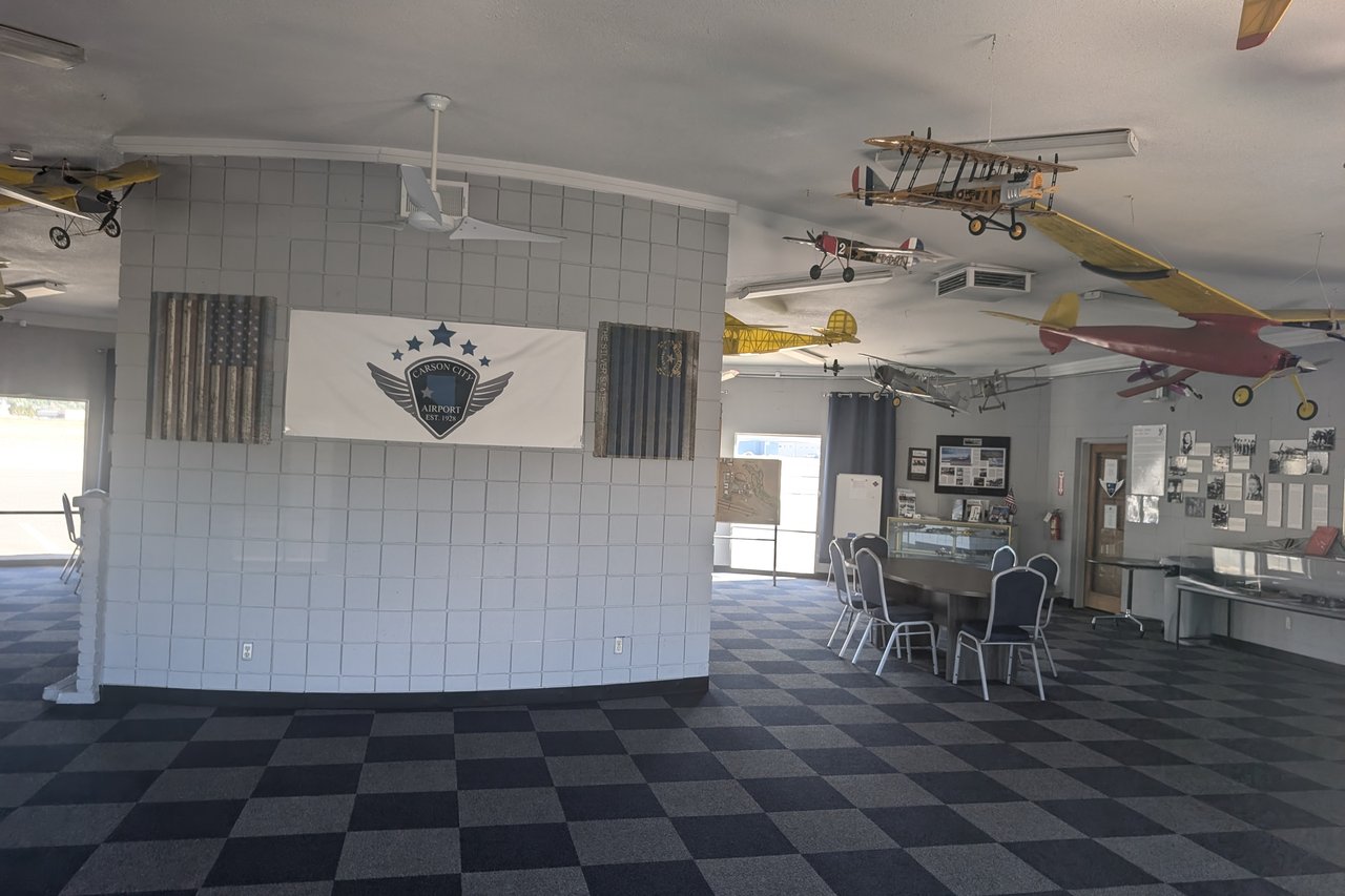 Model airplanes hanging over the hangar lobby