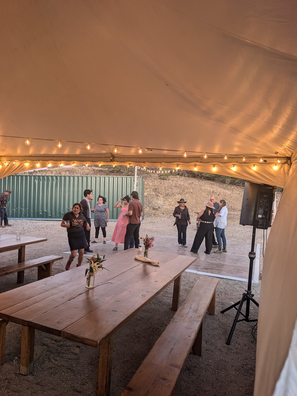 Guests dancing under the string lights of the tent at Alice’s 60th birthday party