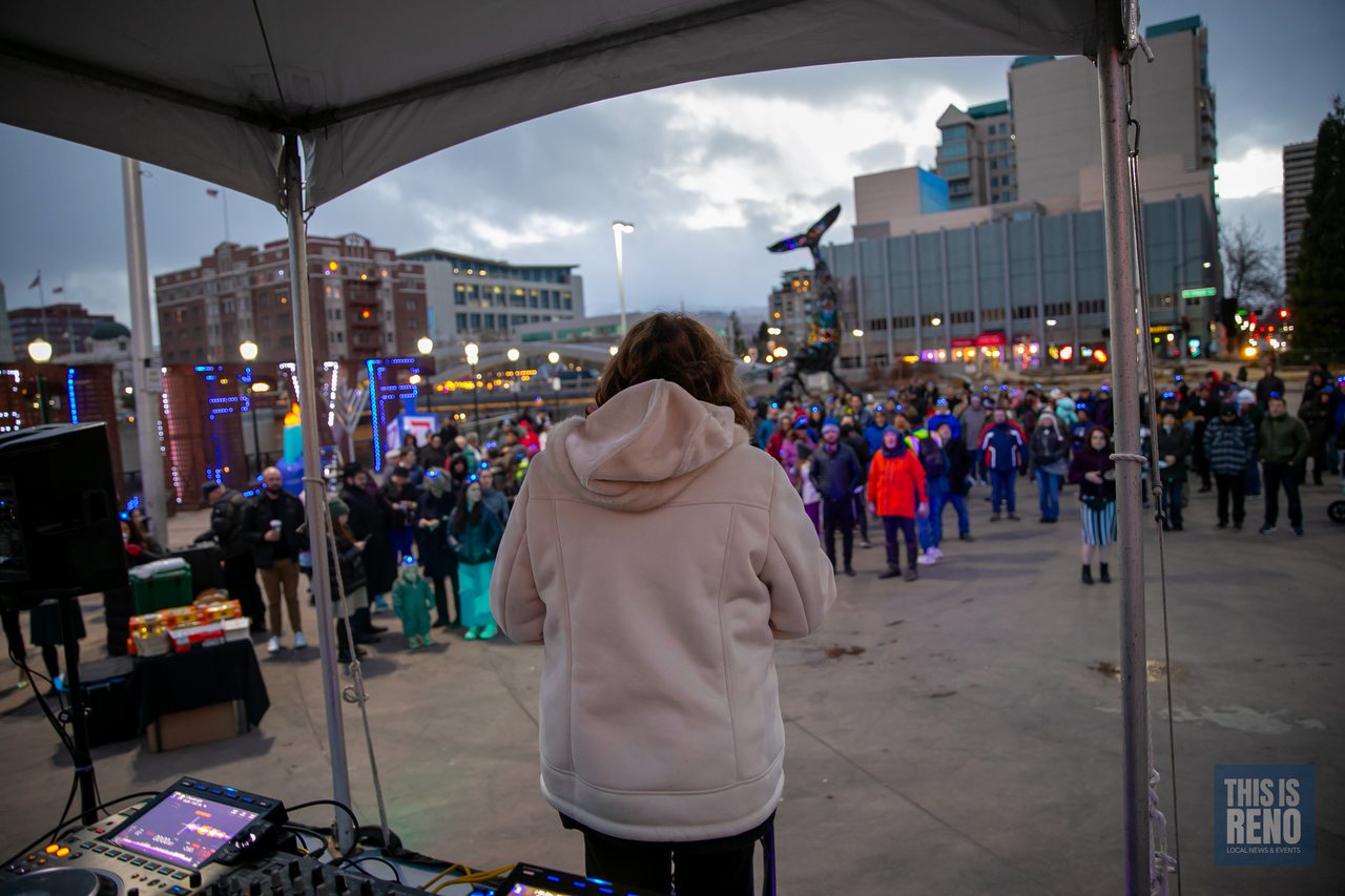 The crowd in City Plaza seen from the DJ booth tent at the Reno Menorah Lighting