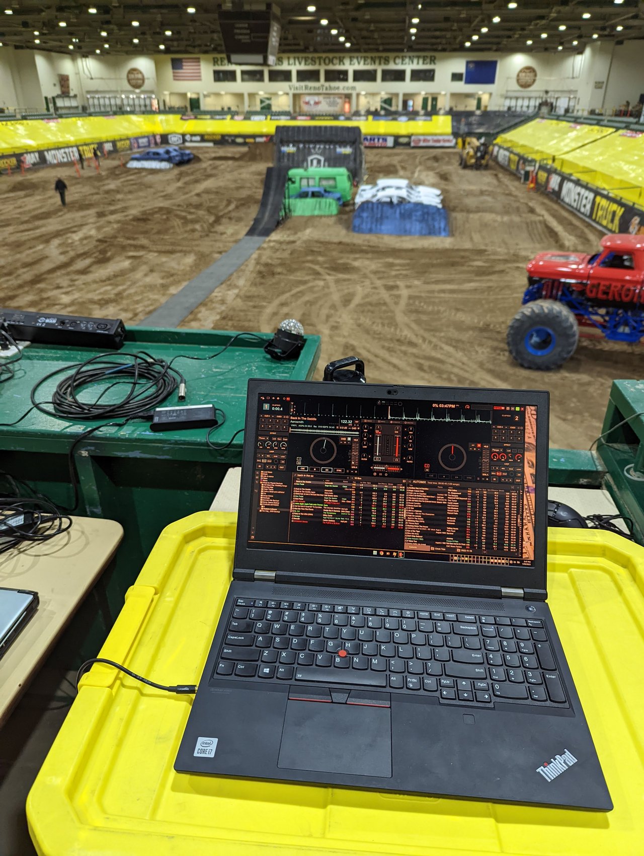 My laptop running VirtualDJ at the rail above the dirt track before the show