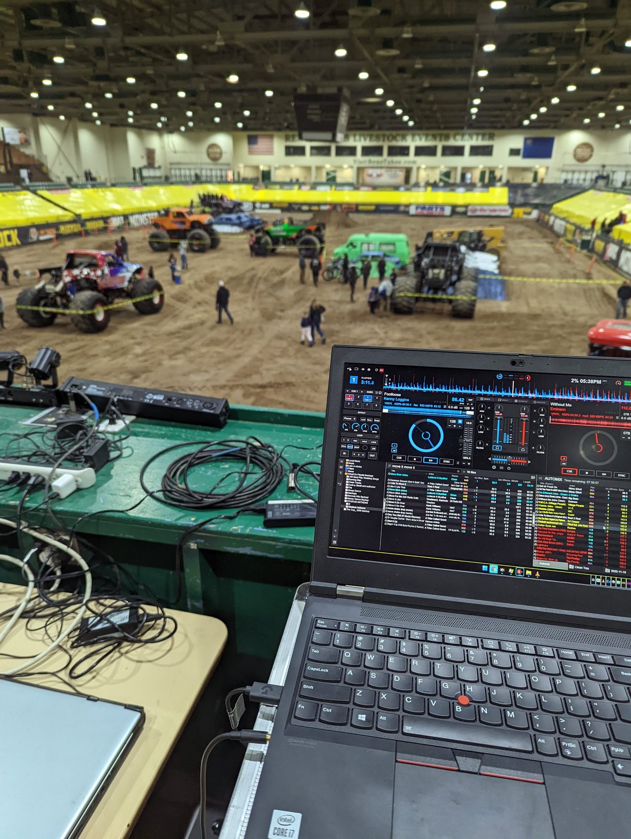 VirtualDJ on the laptop at the rail above the trucks