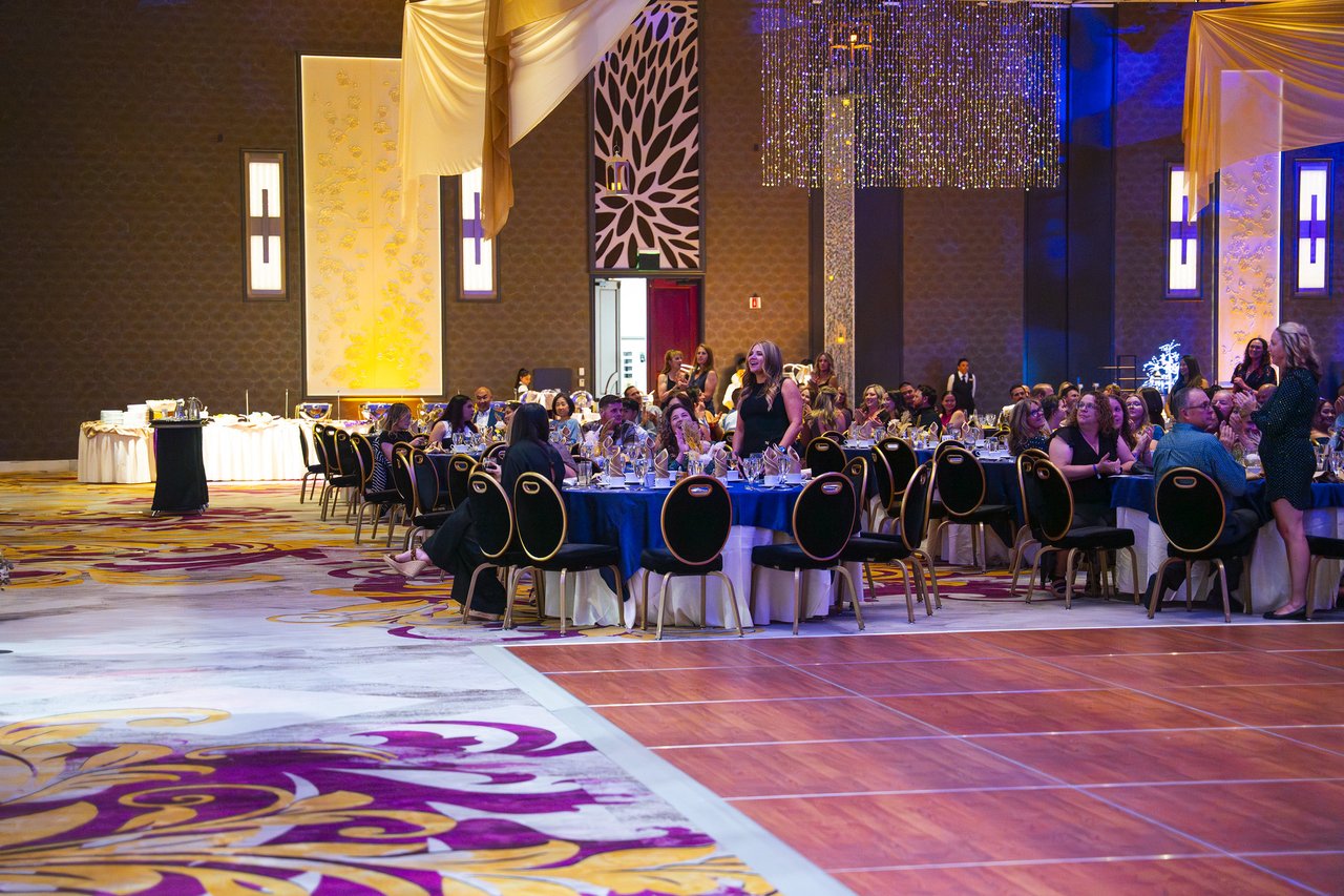 The ballroom tables seen past the empty dance floor