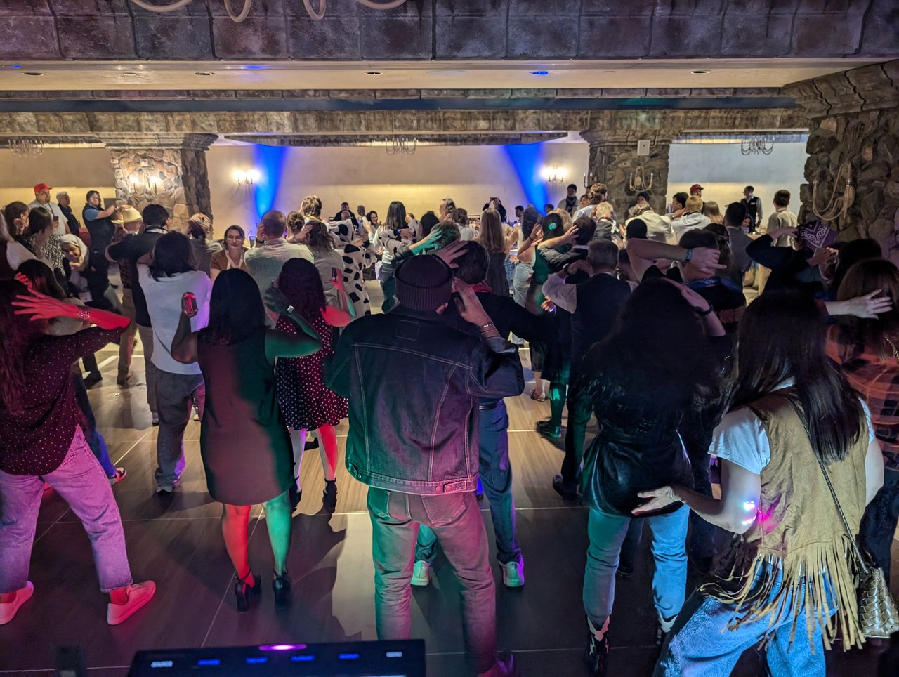 The SciX Gala crowd dancing under the chandelier, seen from behind