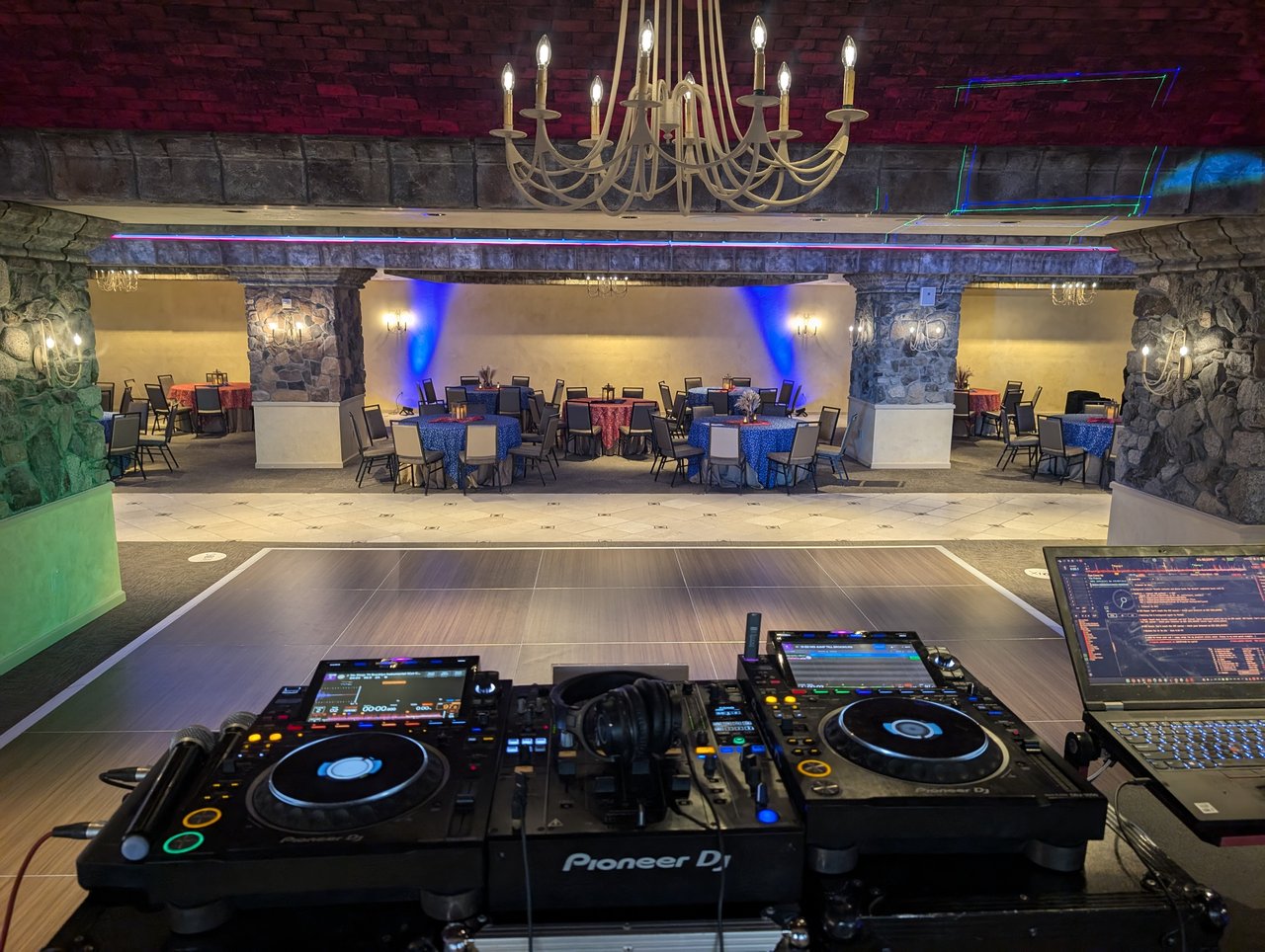 My Pioneer DJ booth facing the empty Orozko ballroom before the SciX Gala guests arrived