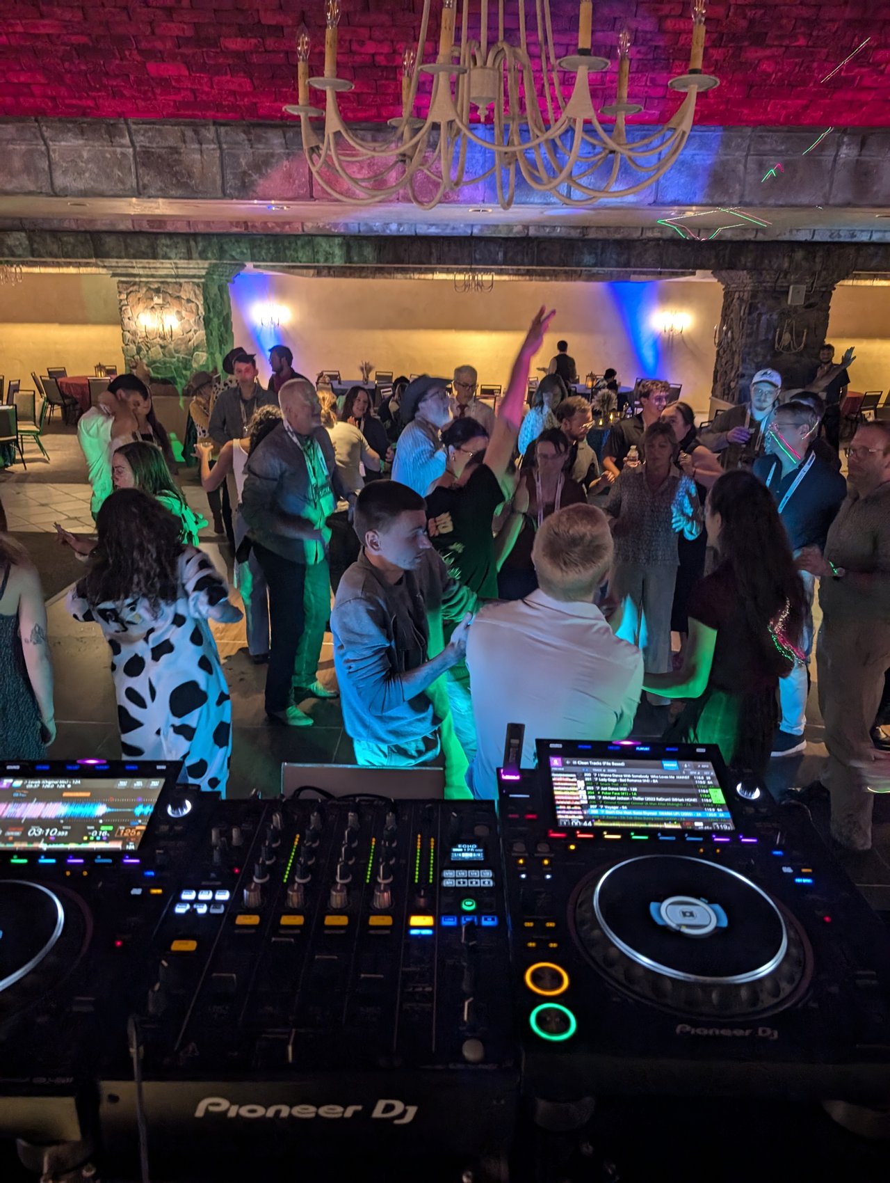 The full dance floor from behind the decks