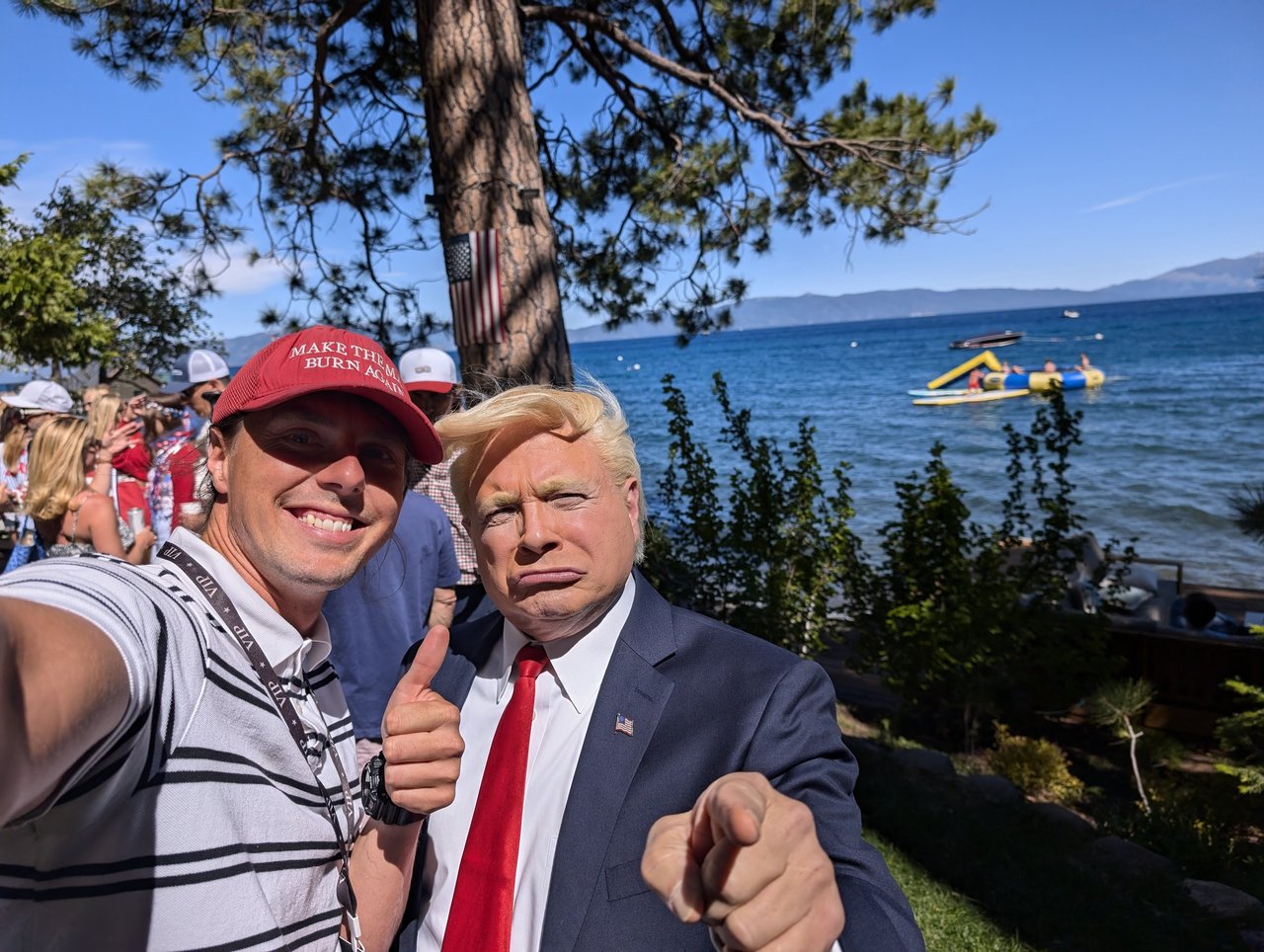 Me with Trump impersonator John Di Domenico pointing at the camera by Lake Tahoe