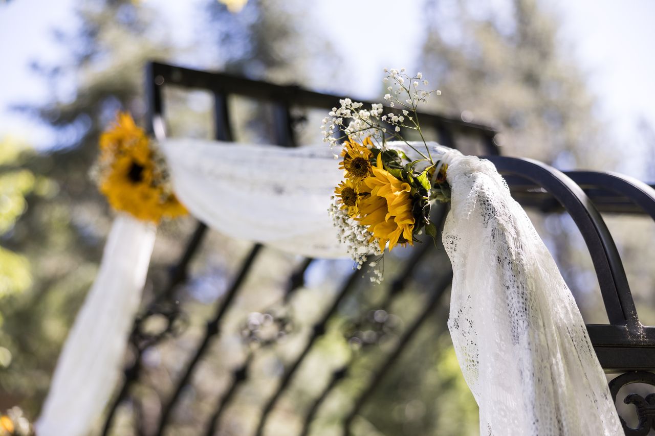 White fabric and sunflowers tied to the iron ceremony arbor