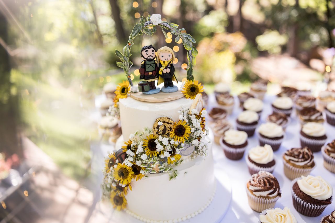 The wedding cake surrounded by chocolate and vanilla cupcakes