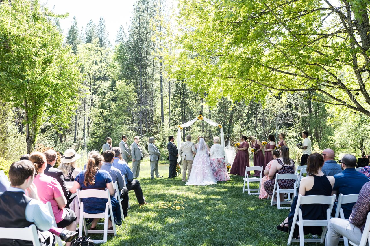 A wide view of the ceremony on the lawn, with guests seated beneath the trees