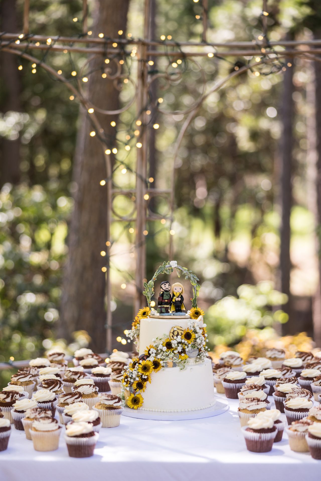 The cake and cupcake table under strands of string lights in the pines