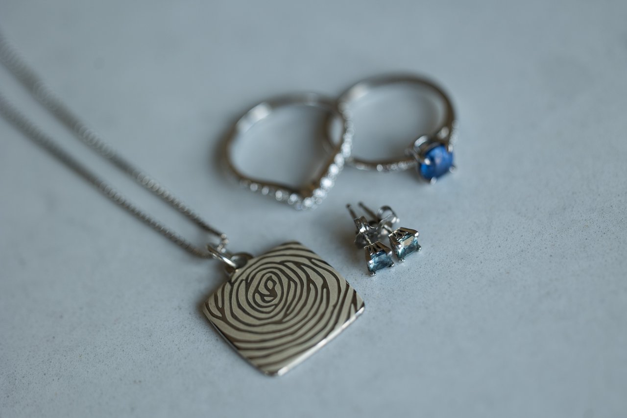 A fingerprint necklace with the rings