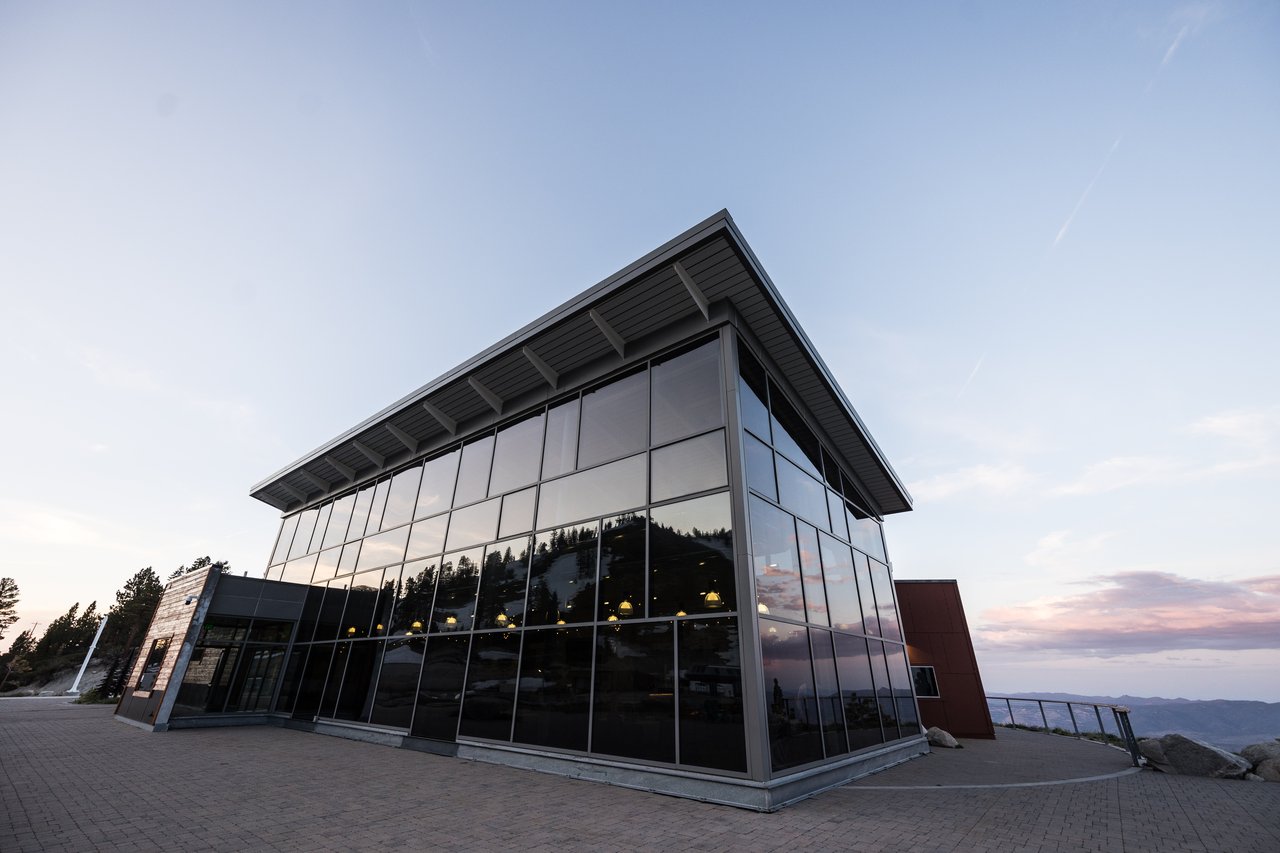 The glass lodge at dusk