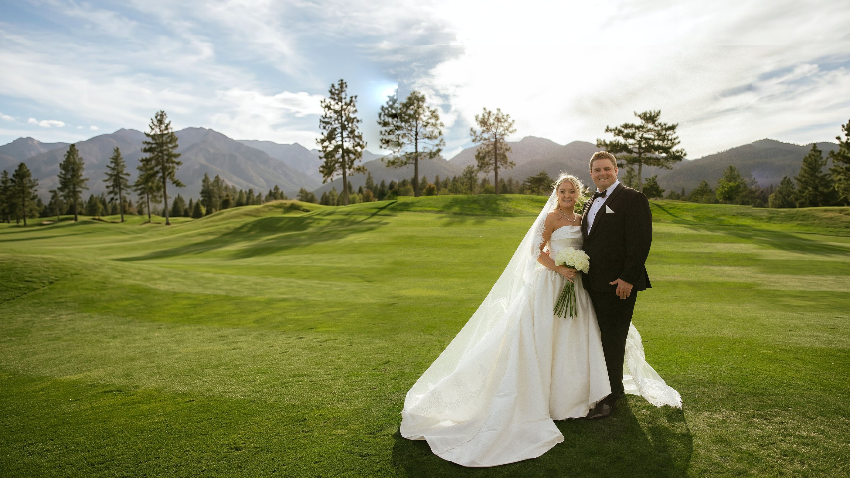 Ally and Drew stand together on the fairway at Montreux, her veil and train spread across the grass, the pines and mountains behind them