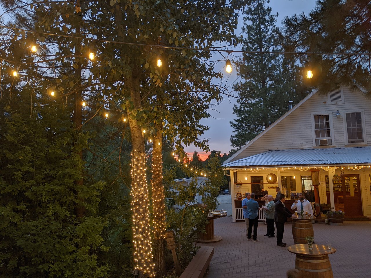 String lights glow in the pines at dusk beside the venue's porch