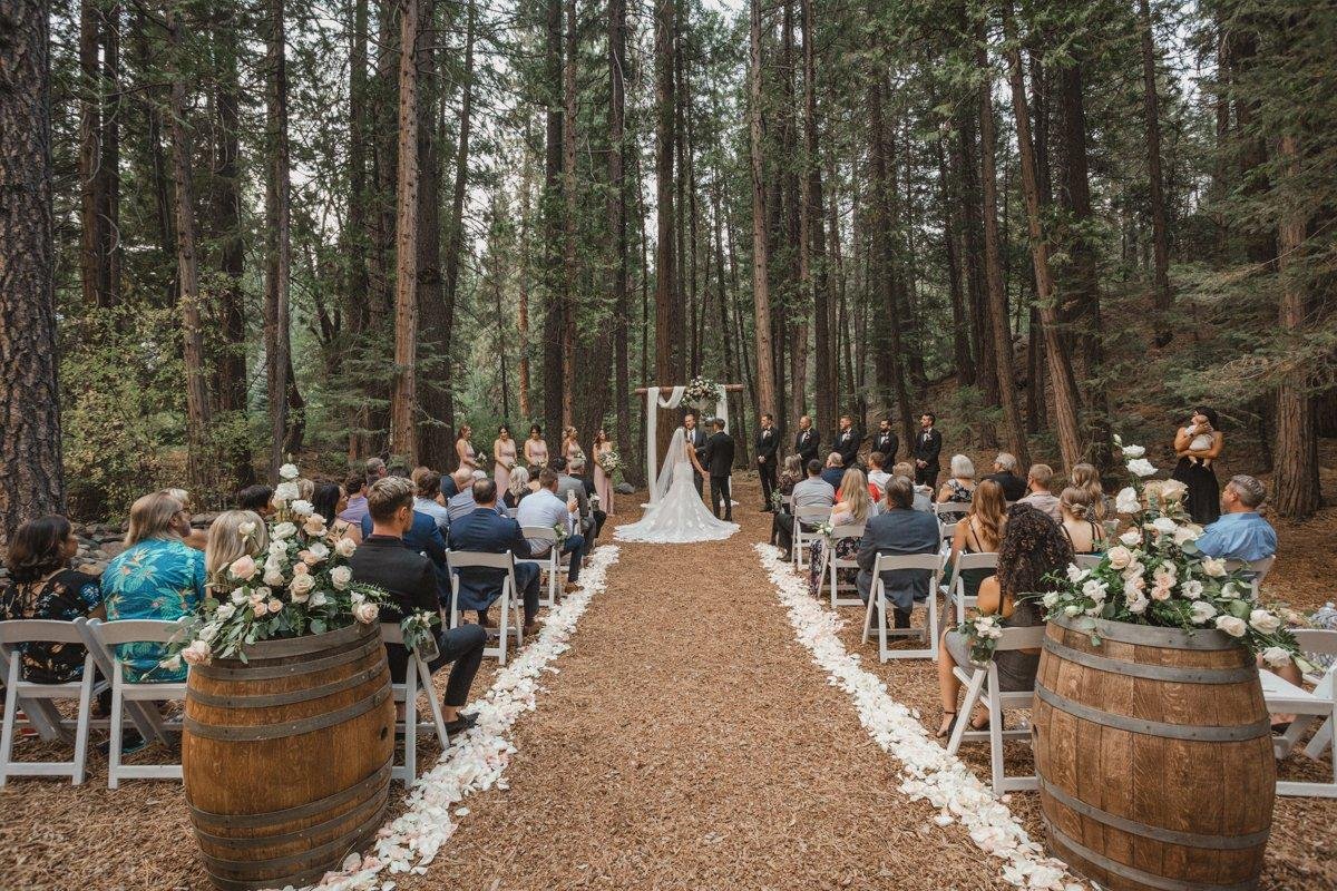 Guests seated along a petal lined forest aisle framed by wine barrels and roses, Angela at the arch, photo by Composing Reality Photography