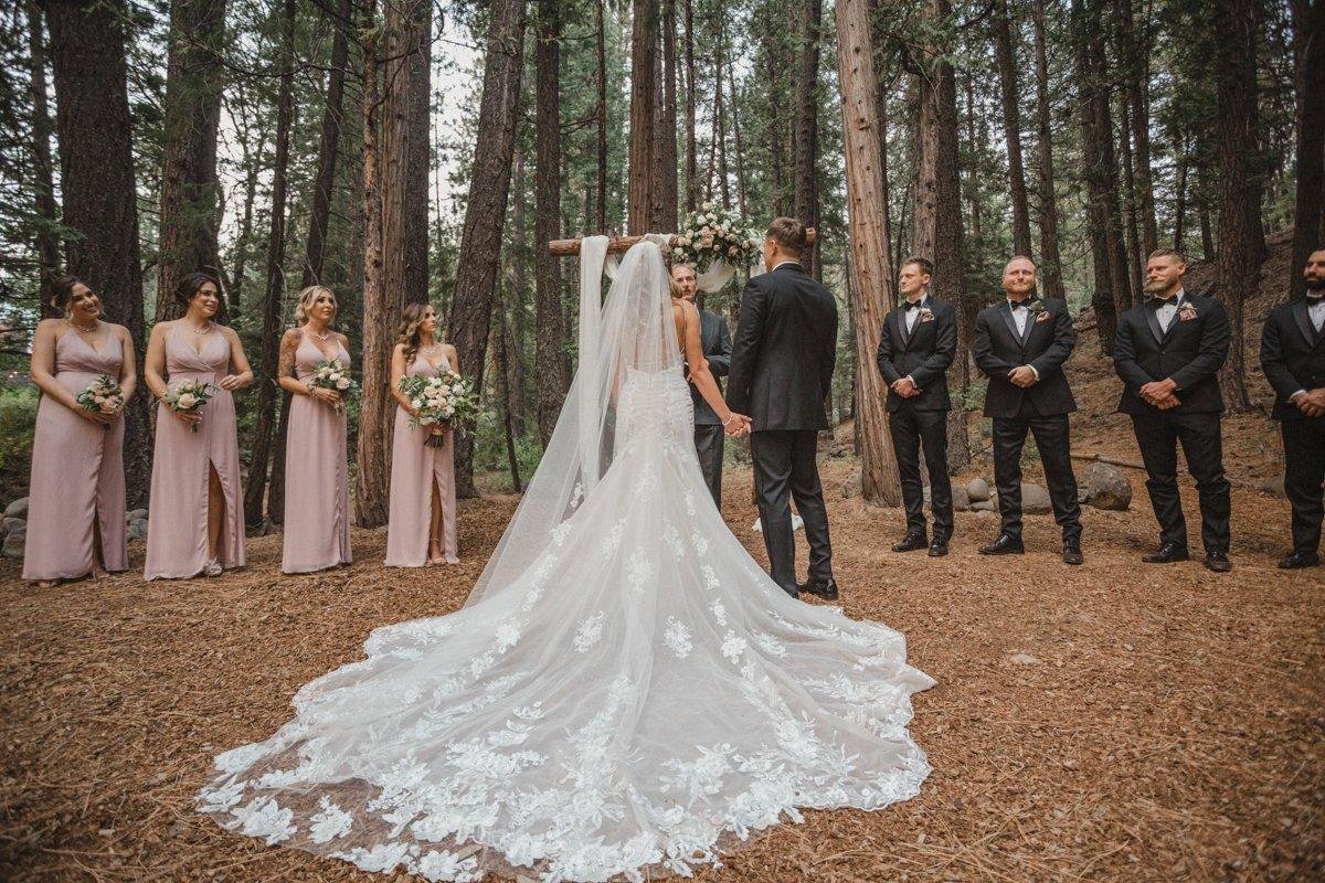 Angela's long lace train spread on the forest floor as she faces Stephen, bridesmaids in blush and groomsmen in black, photo by Composing Reality Photography