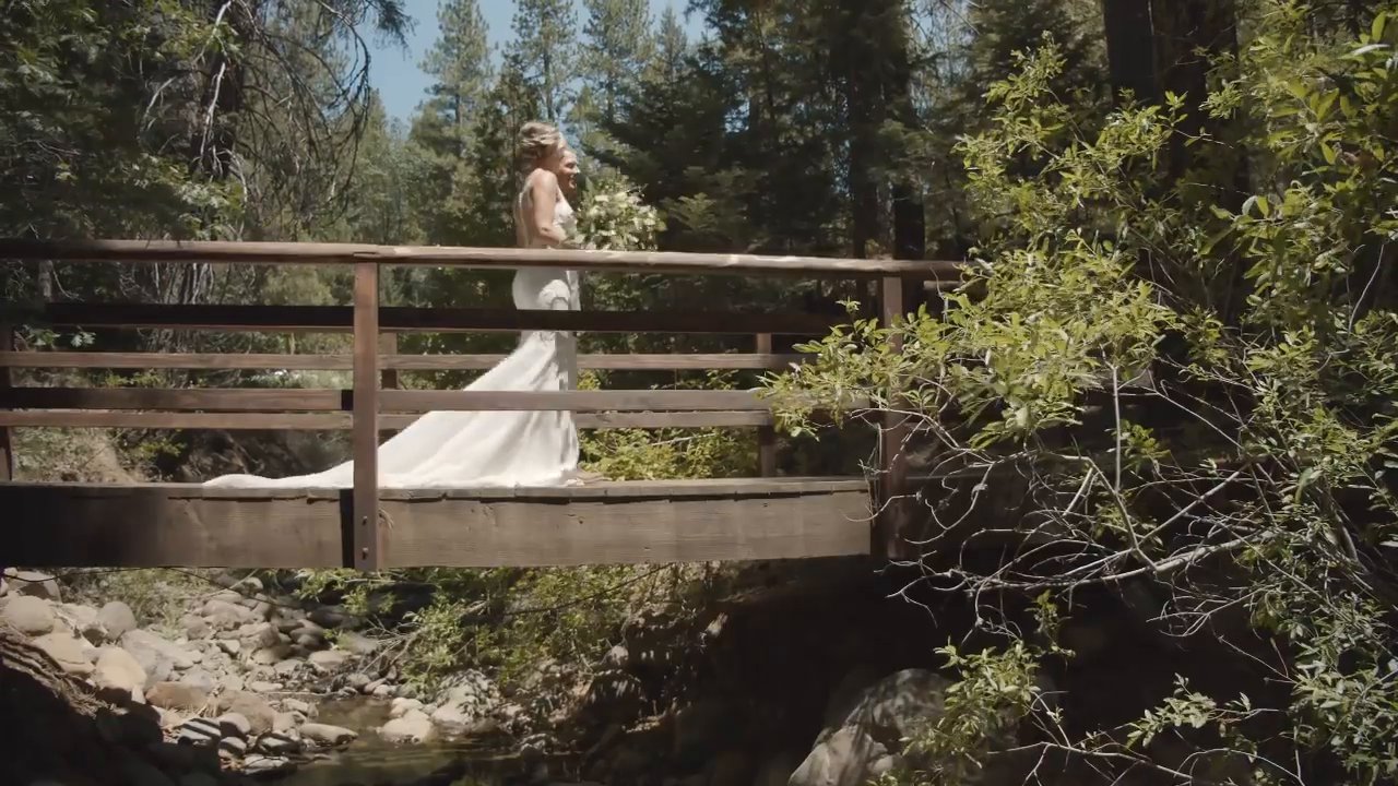 Danielle stands on the wooden footbridge in her gown.