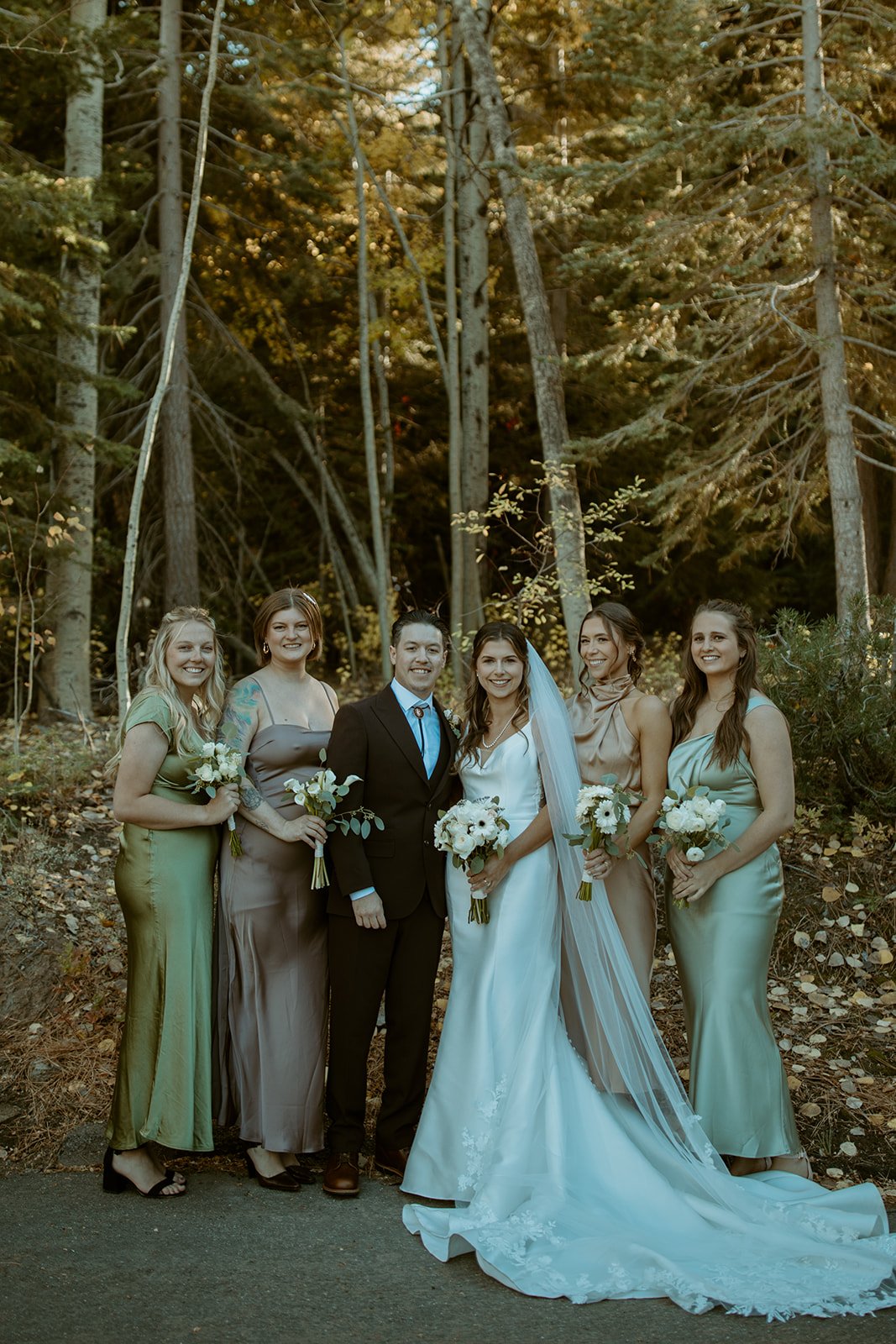 Emily and Devin with the bridesmaids in sage and champagne satin