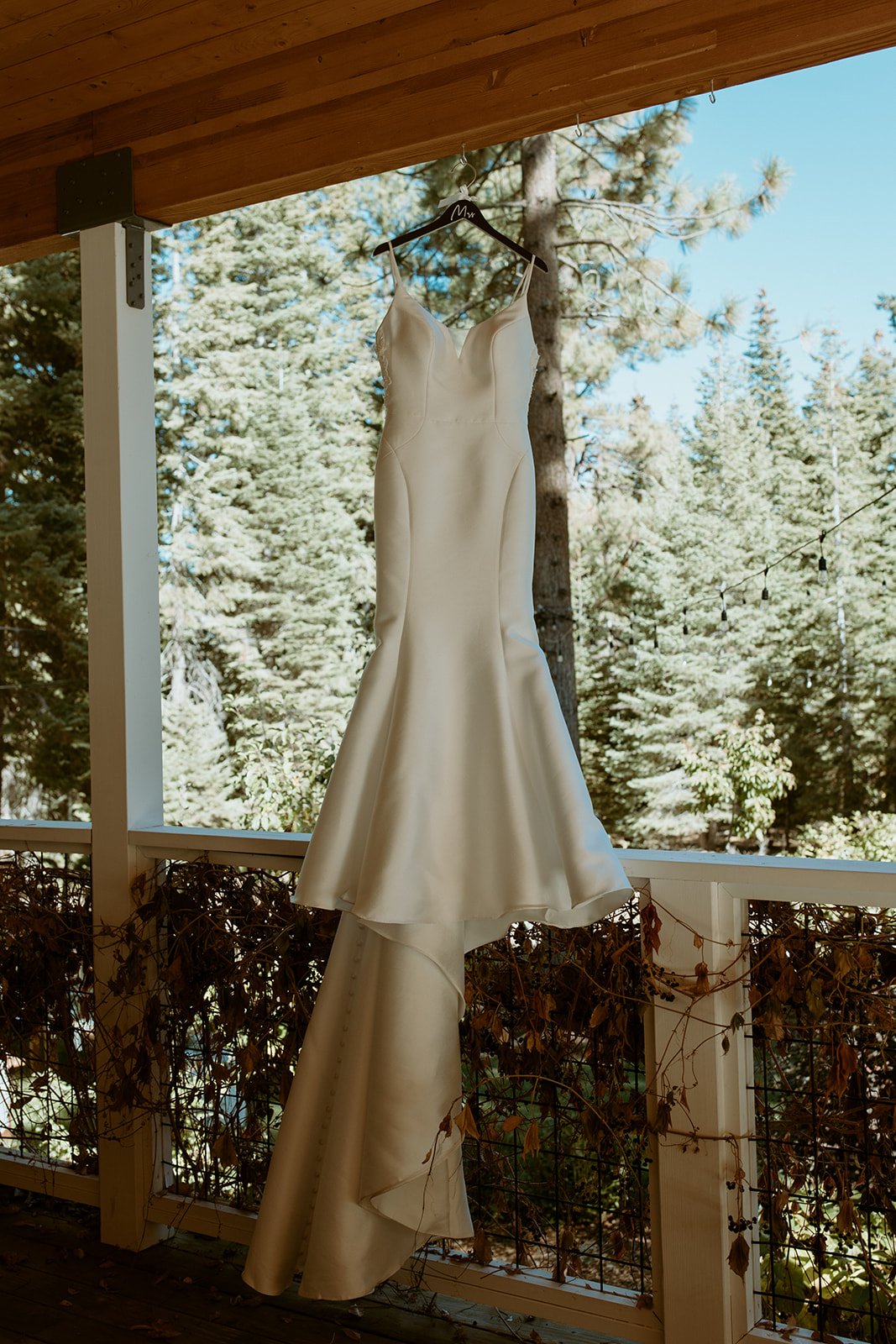 Emily's gown hanging on the porch with the pines behind it