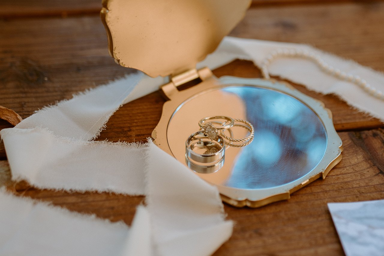 The two rings in a gold compact mirror