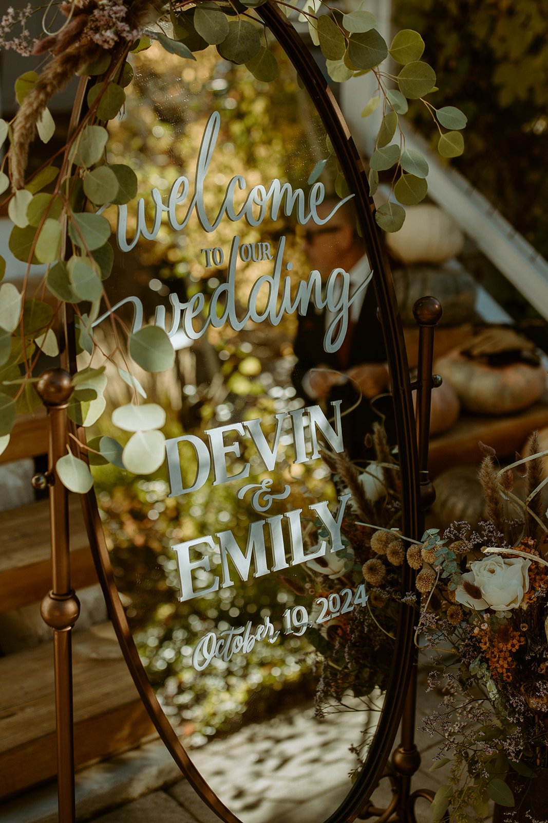 A welcome mirror for Devin and Emily, October 19, 2024, wrapped in eucalyptus