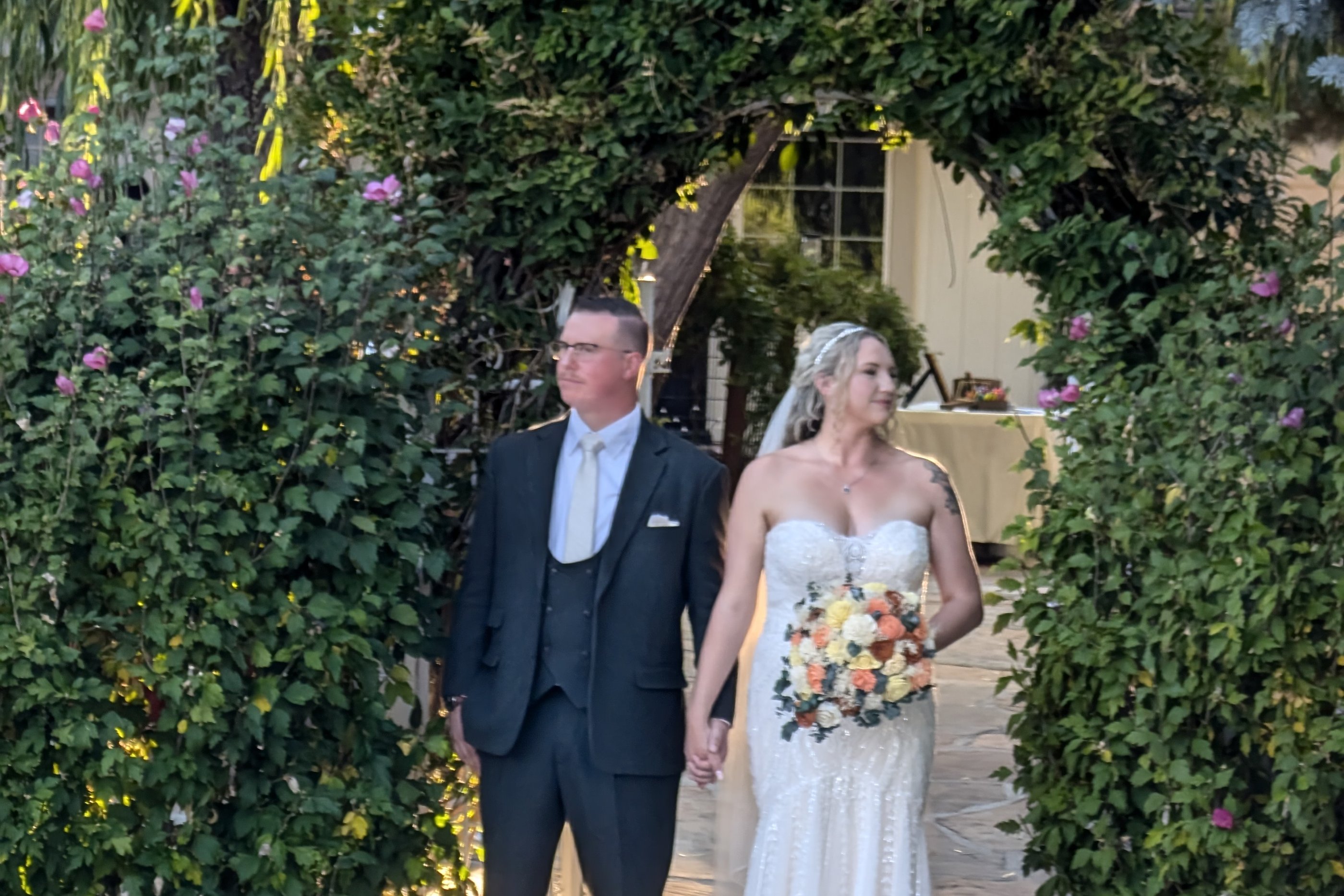 Emily and Logan stand hand in hand under the ivy arch at golden hour, a weeping willow and a blue spruce behind them