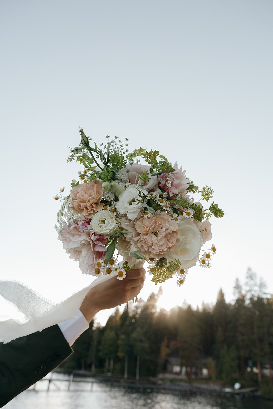 Emma's bouquet held up against the sky with the sun low over the pines