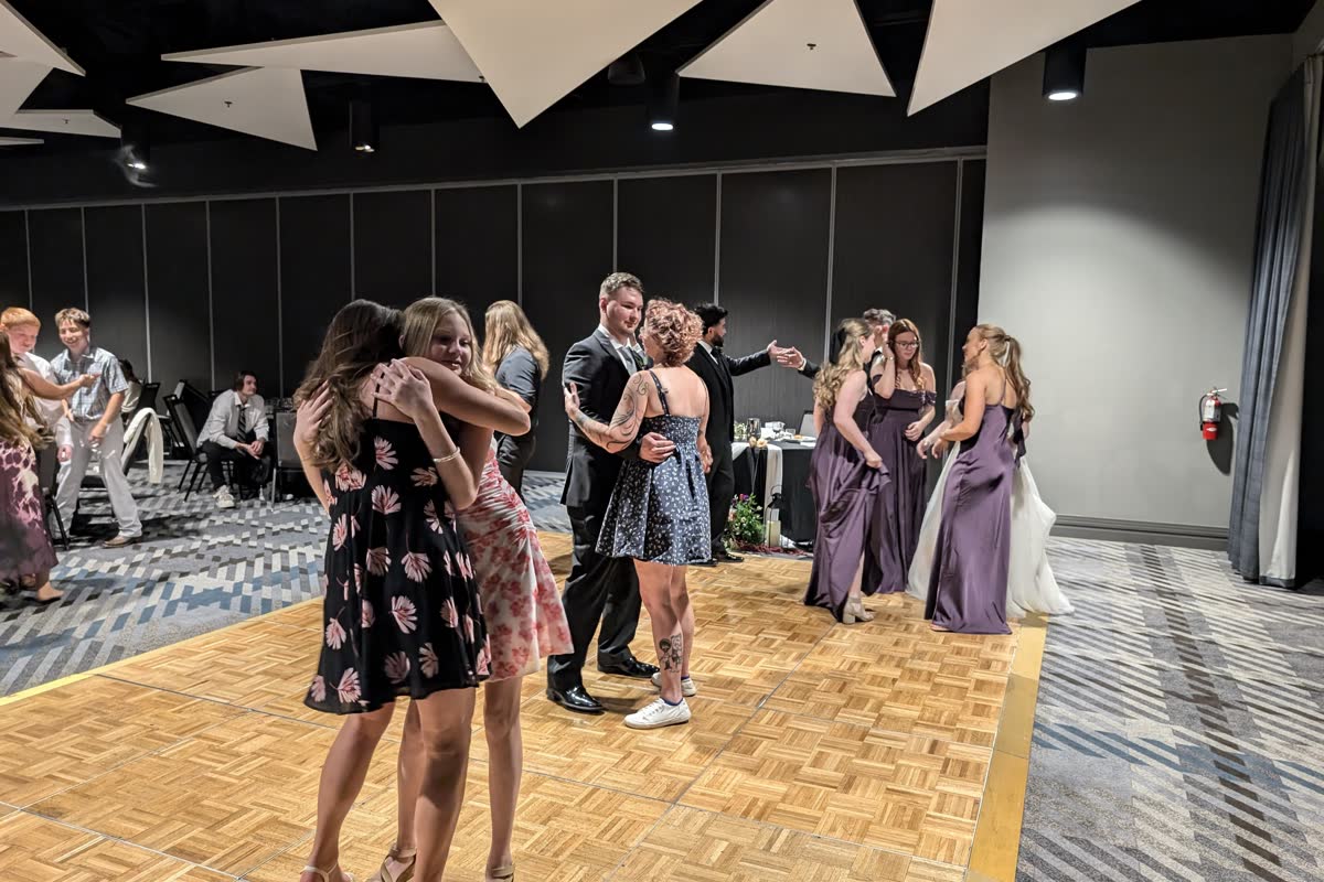Bridesmaids and guests on the dance floor at Hailey and Zen's Renaissance Reno reception
