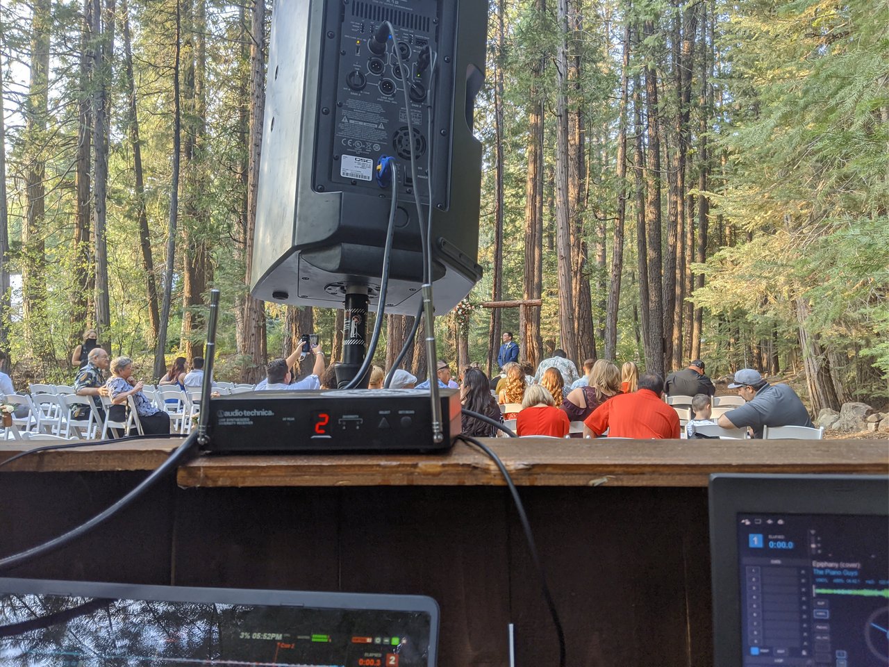 The forest ceremony from my DJ booth, Kyle waiting at the wooden arch with Epiphany cued up