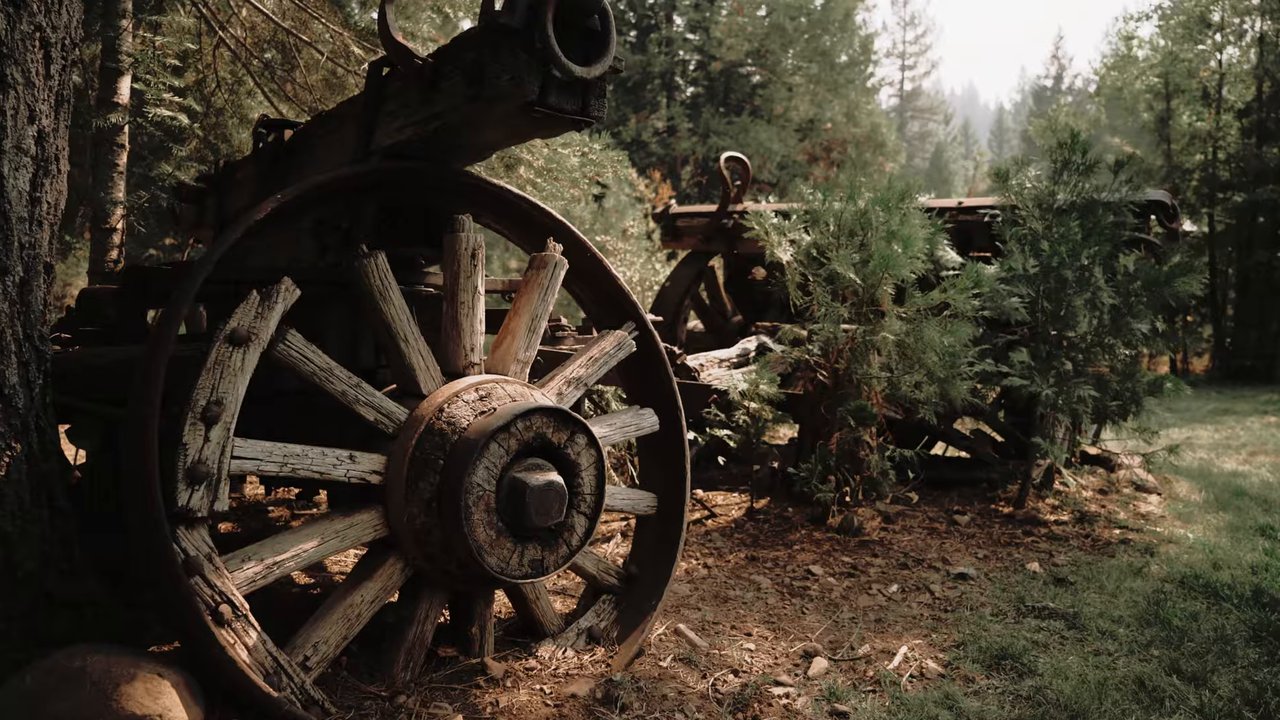 An old wagon wheel rests among the pines at Twenty Mile House
