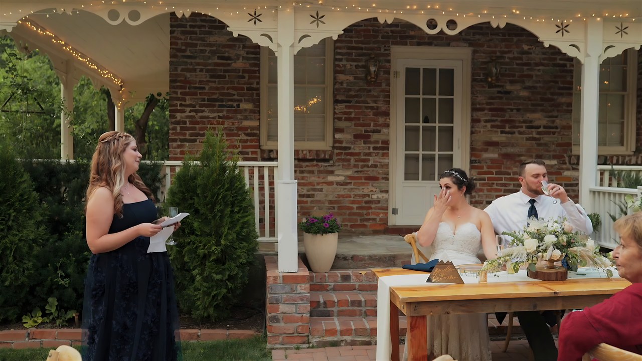 A bridesmaid gives her toast to Jessie and Jeff