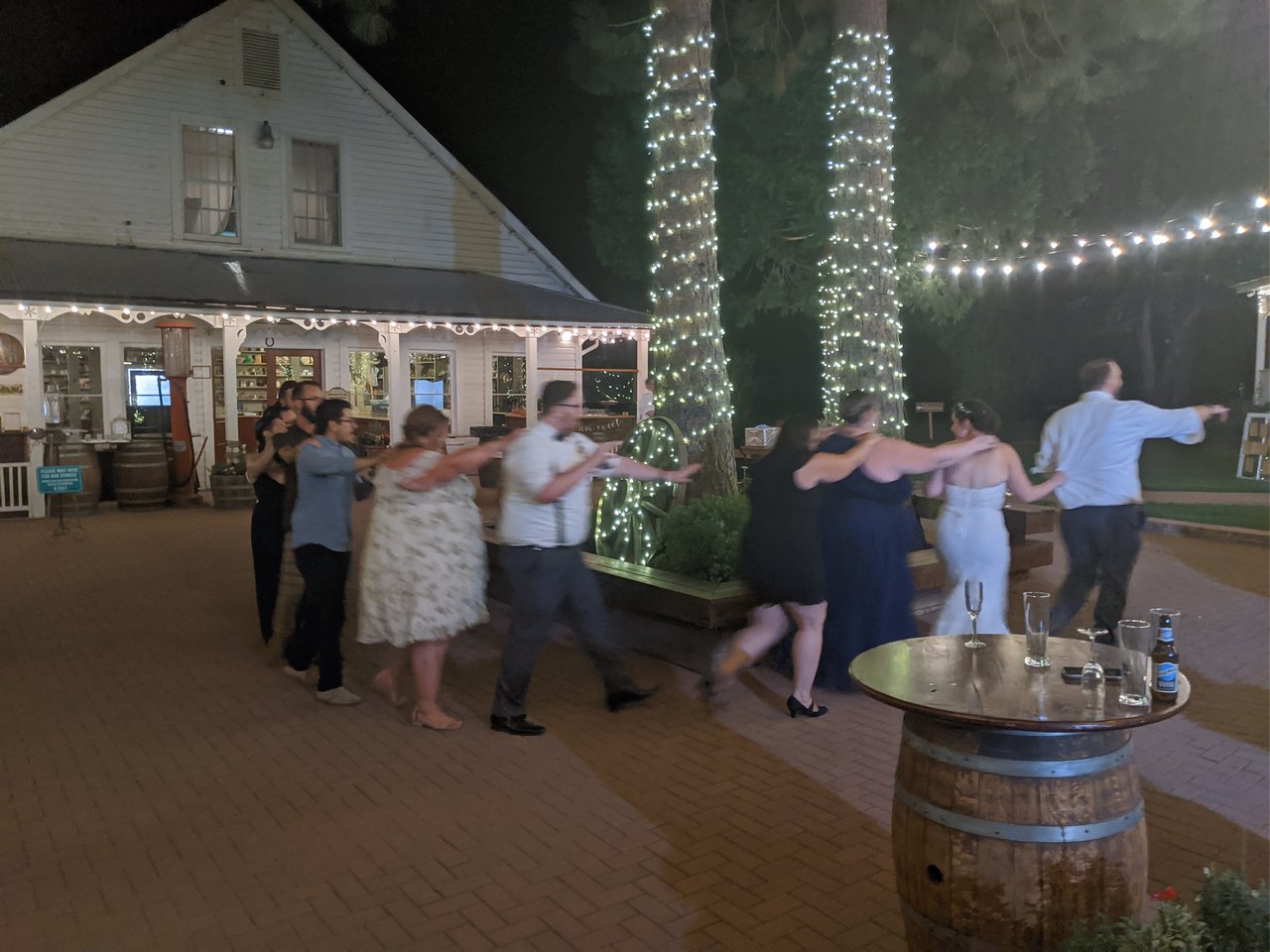 A conga line of guests, the bride in white among them, winding past the white General Store at Twenty Mile House