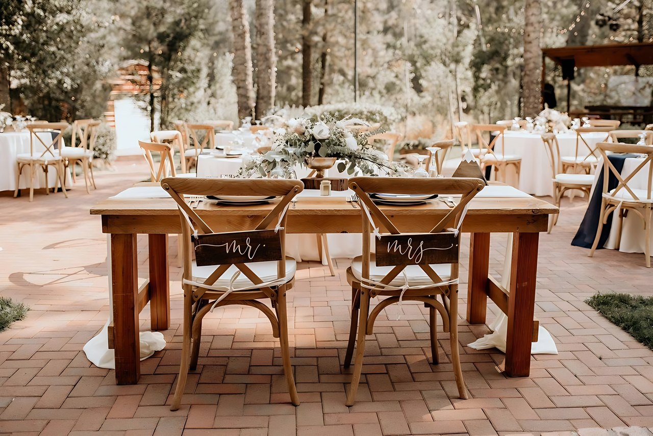 Mr and Mrs signs on the sweetheart table chairs on the brick patio, photo by Woodmancy Photography