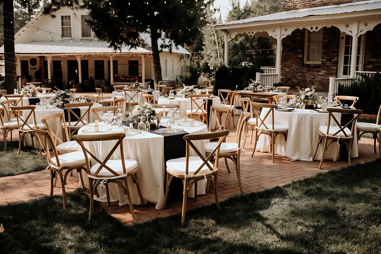 Round reception tables set on the patio in front of the brick house, photo by Woodmancy Photography