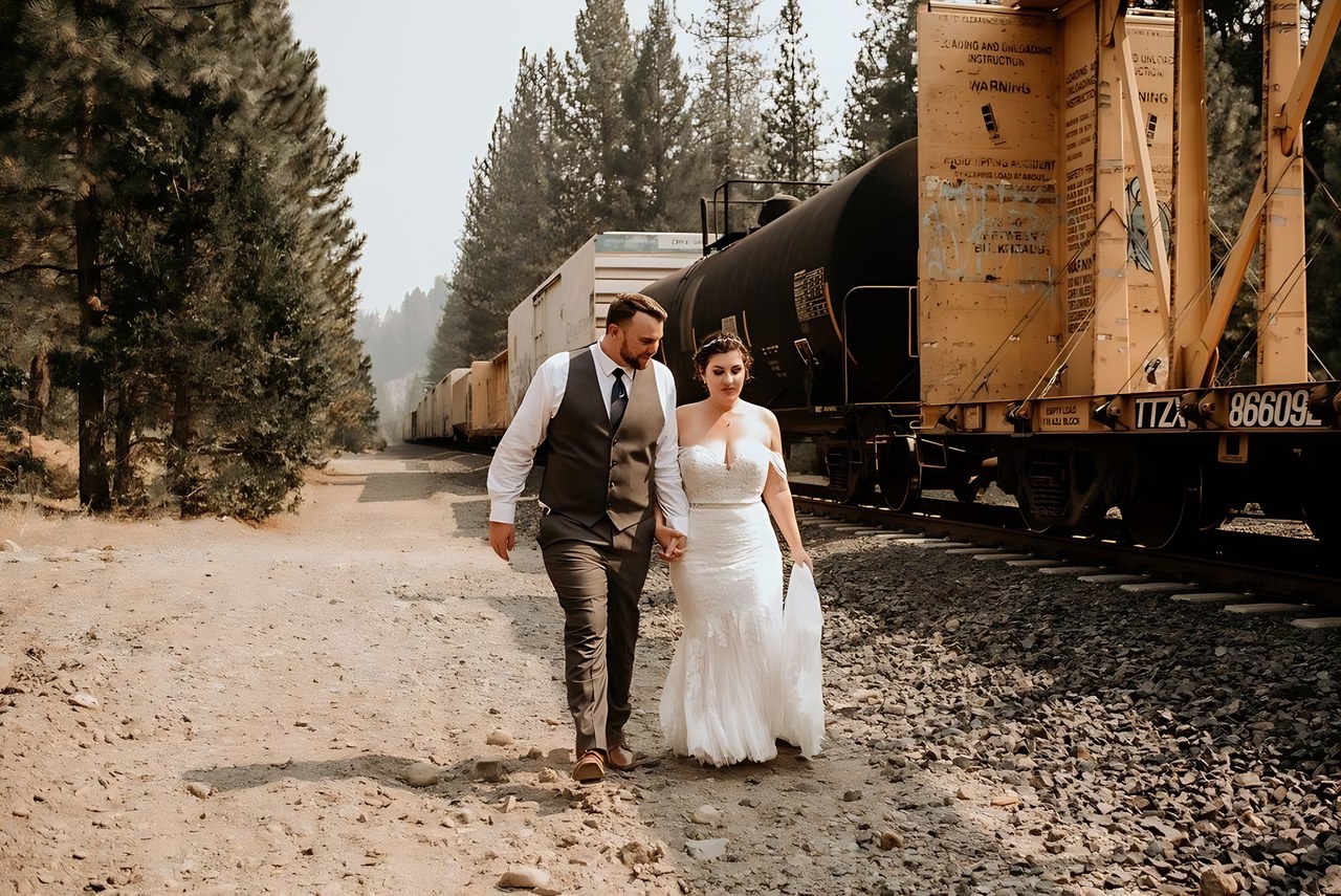 Jessie and Jeff walk hand in hand beside a freight train, photo by Woodmancy Photography