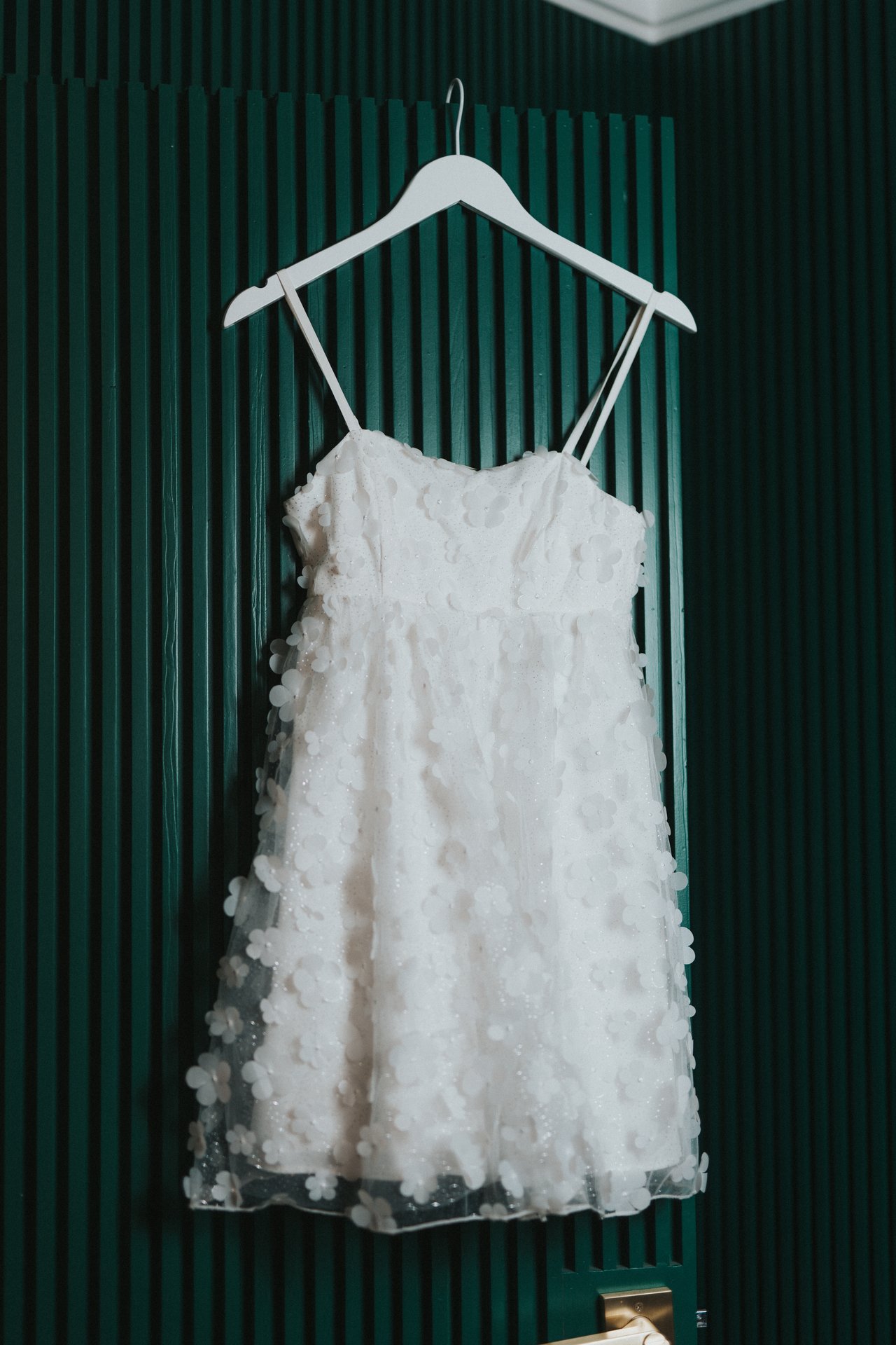 A close look at the wedding dress hanging