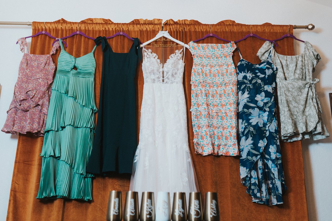 The bridal party dresses and Lexy's gown in a row