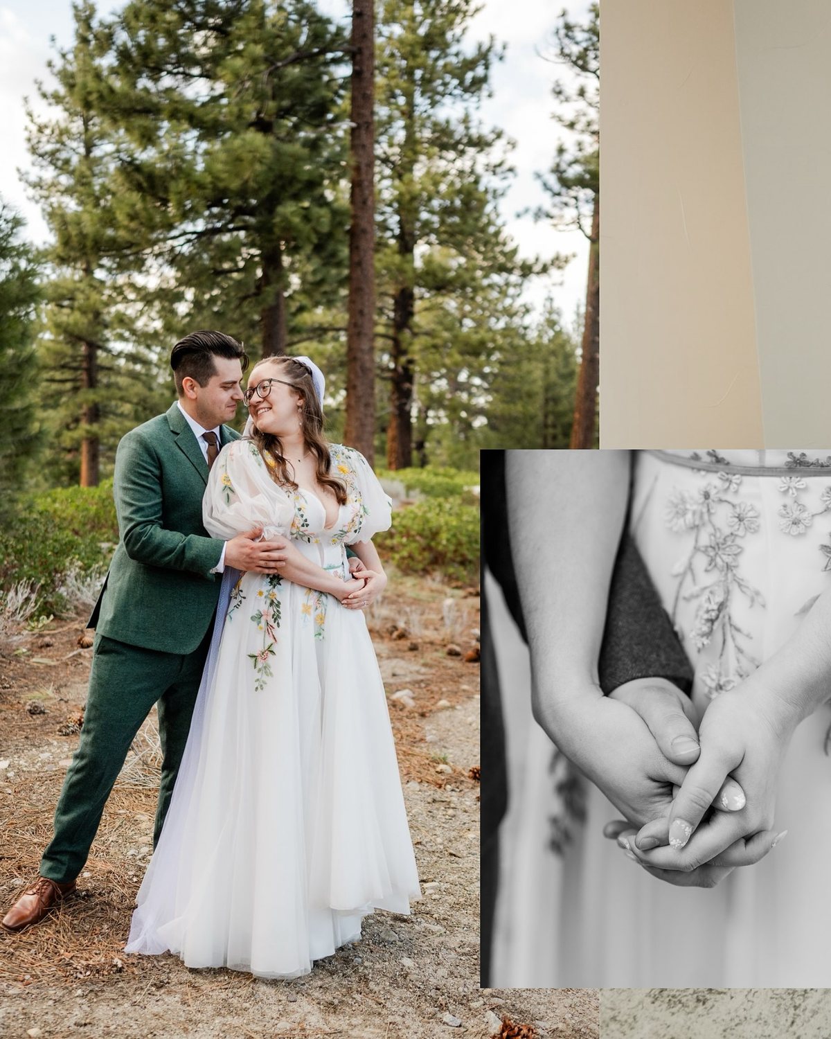 Adam in a green suit holds Madison in her embroidered gown among the pines