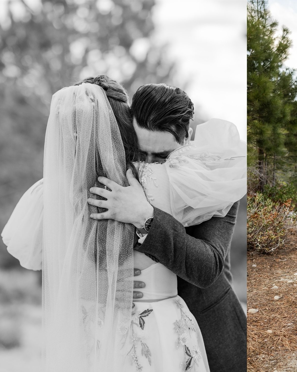Madison and Adam hold each other close, in black and white