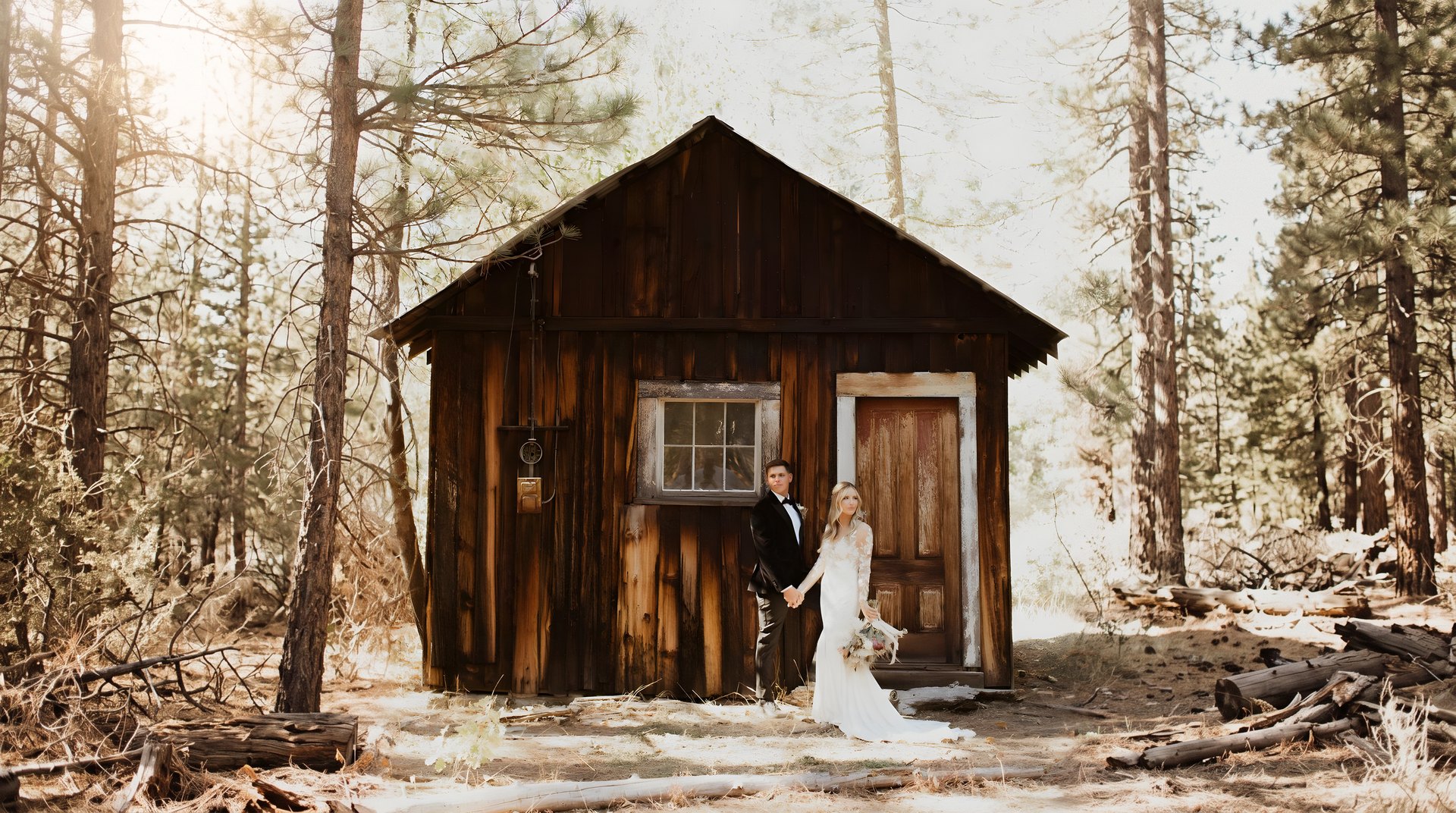 Nicole and Thomas hold hands in front of the old wooden cabin, photo by Kay Kroshus Photography