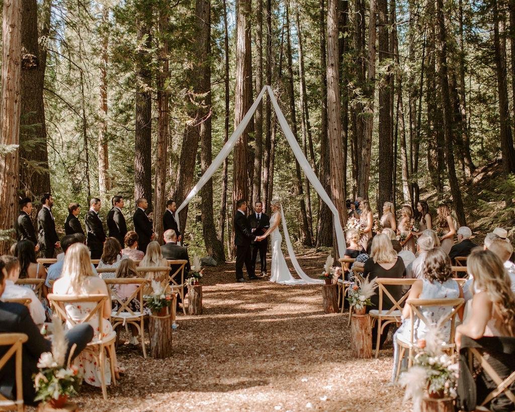 Guests watch Nicole and Tim at a draped triangle arch in the forest, photo by Taylor McCutchan Photography