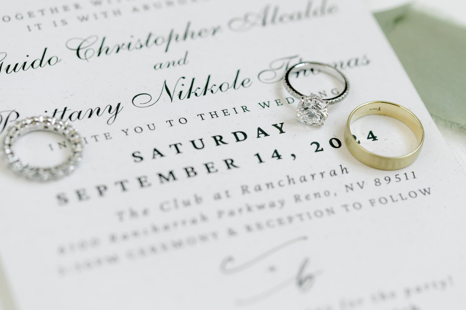 Britt and Chris's wedding rings on their invitation
