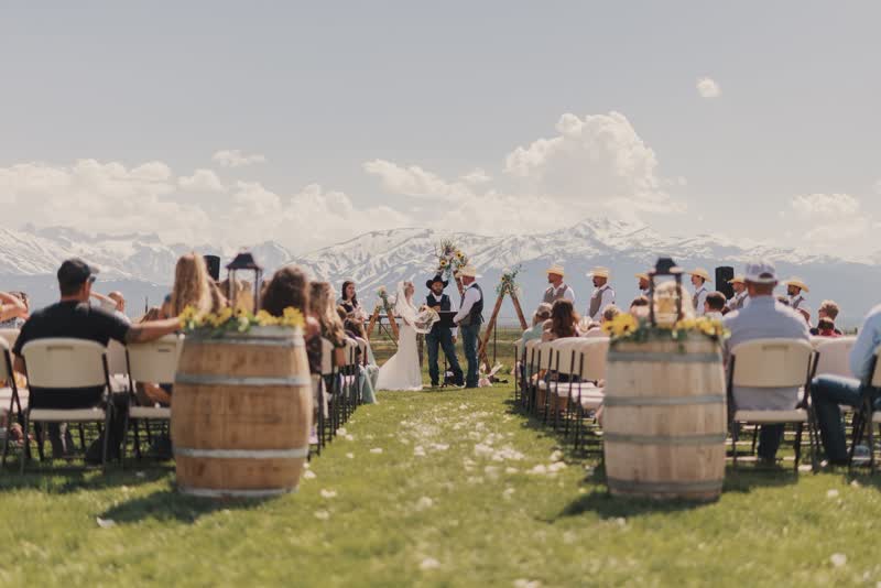 An outdoor wedding ceremony with Sierra views at Bridgeport Ranch Barns & Terrace