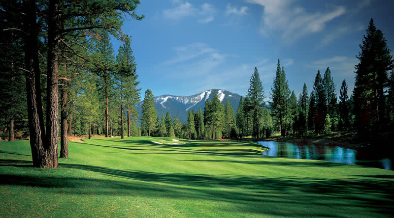 A fairway with snowy Sierra peaks at Schaffer's Mill in Truckee